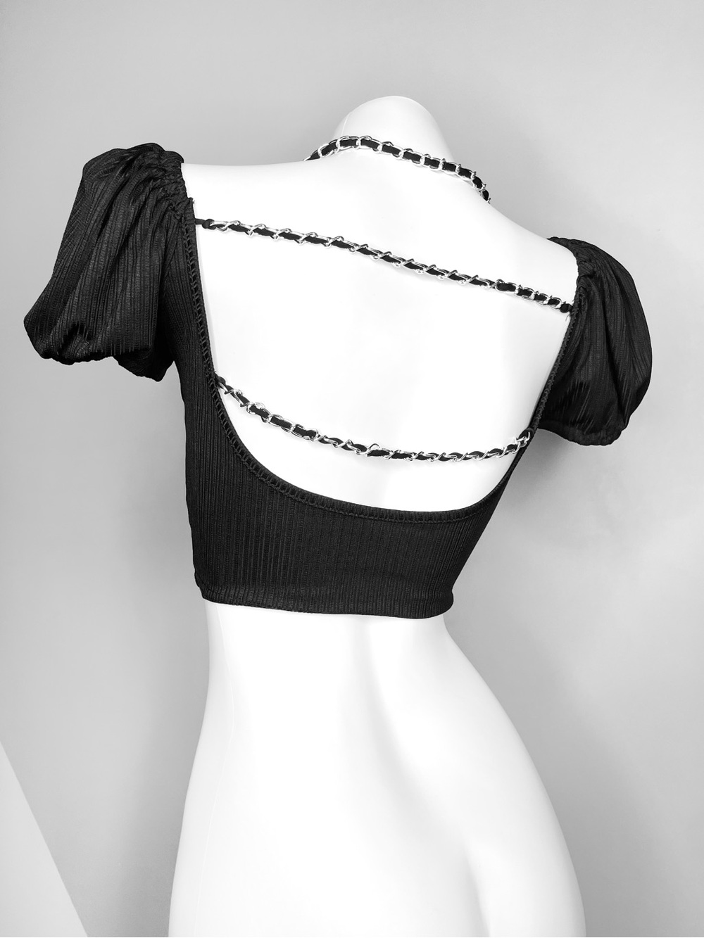 Black Puff Sleeve Open Back Croptop